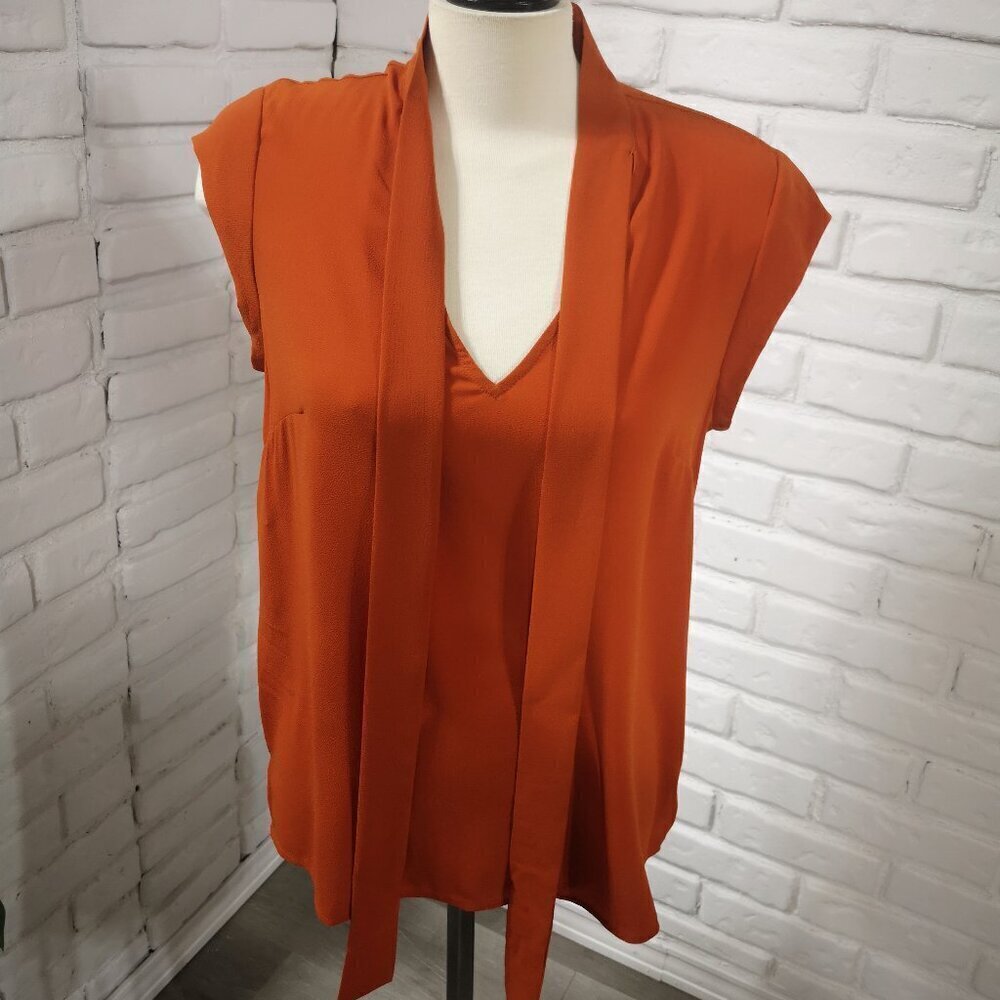 DR2 Ladies Size Small Orange Straight Fit Cap Sleeves V-neck w/ Tie Blouse